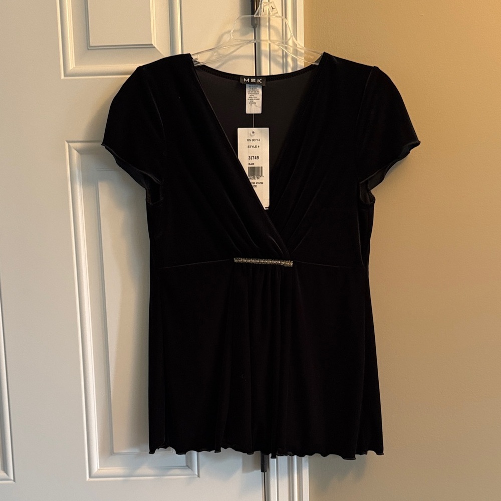 MSK Black Velvet Blouse with Embroidered Ribbon Detail